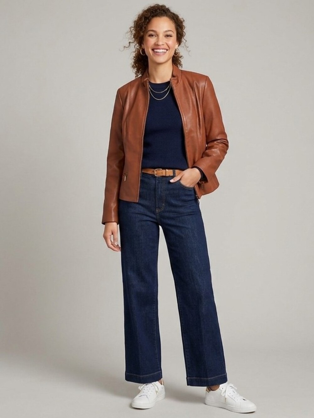 Women’s Brown Leather Zip-Front Jacket